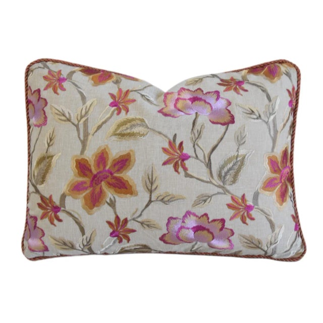 French Country Designer Colorful Silk Floral Embroidered French Feather/Down Pillow For Sale - Image 3 of 8