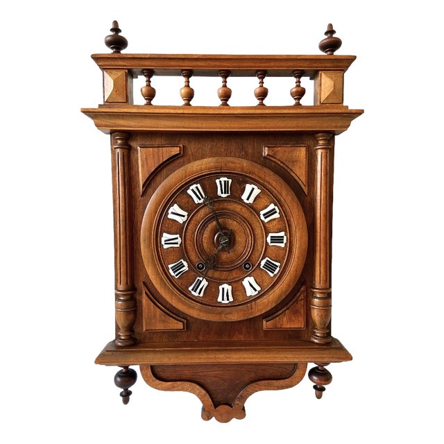 Large Antique French Mechanical Wall Clock in Wood, 1880s For Sale