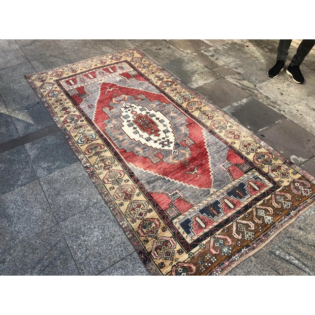 1960s Vintage Tribal Handmade Floral Wool Rug- 4′2″ × 8′5″ For Sale - Image 4 of 11