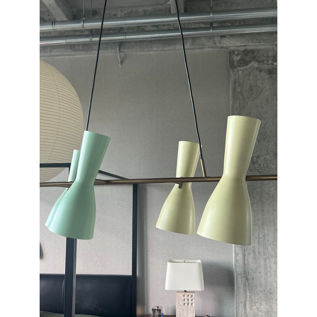 1950s Rare Stilnovo Linear Chandelier in Brass With Green and Yellow Shades For Sale - Image 11 of 13