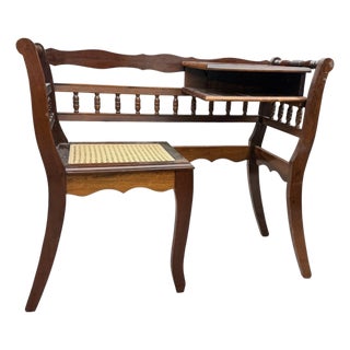 Antique Wooden Telephone Conversation Table / Gossip Bench With Cane Seat For Sale