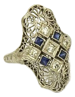 Mid 20th Century Art Deco Diamond & Sapphire 18k White Gold Filigree Ring - Size 6