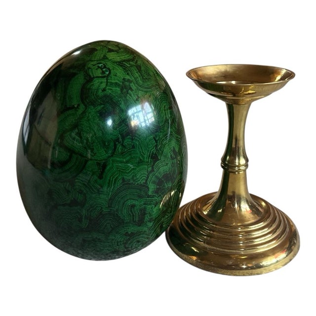 Hollywood Regency Large 18” Maitland-Smith Malachite Egg on Brass Pedestal Stand For Sale - Image 3 of 6
