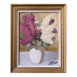 Mid-Century Modern Swedish "Hyacinths" Vintage Floral Still Life Oil Painting, Framed