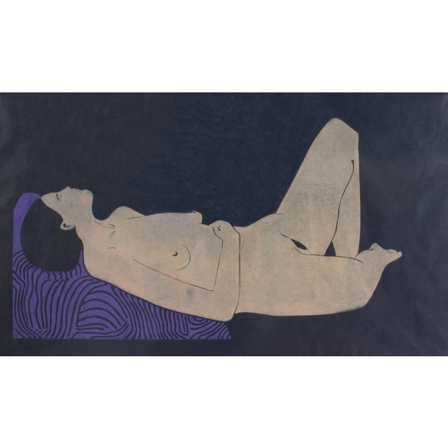 A limited edition relief print titled Nude by American artist Doug Delind (born 1947). A reclining nude female figure is...