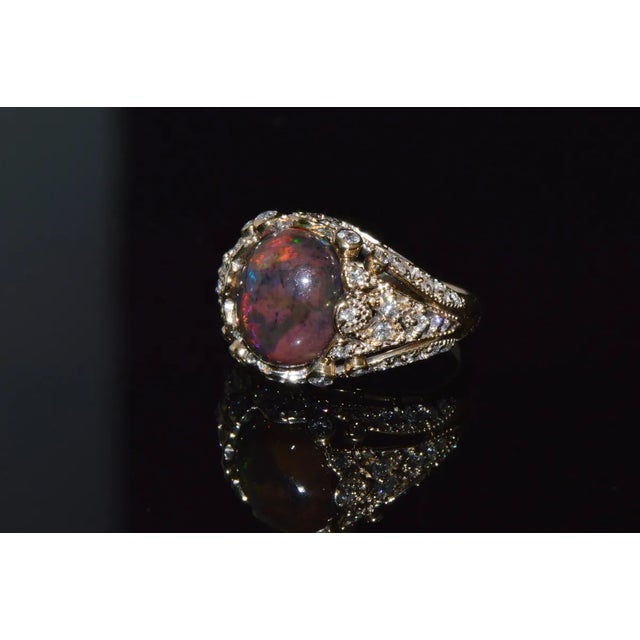 Gemstone Certified Natural 2.75Cts VS F Diamond Black Opal 18K Solid Gold Bombay Dome Ring, size 6.5 For Sale - Image 7 of 12