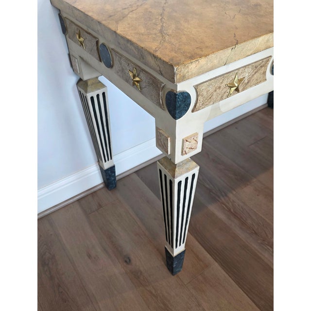 Neoclassical Gustavian Style Gilt Bronze Mounted Cream Painted Console Table With Marbelized Faux Marble For Sale - Image 13 of 18