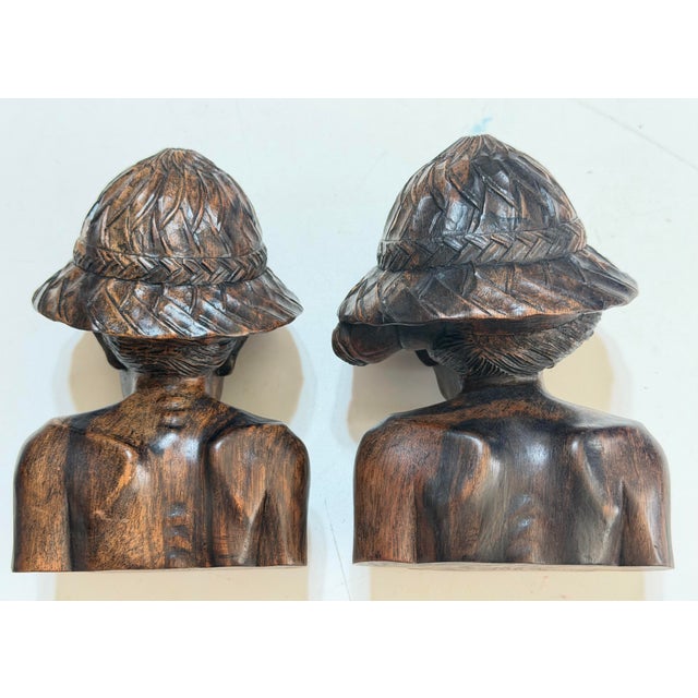 Mid-Century Balinese Hand-Carved Wood Elderly Farmer Couple Busts, Pair For Sale - Image 12 of 12