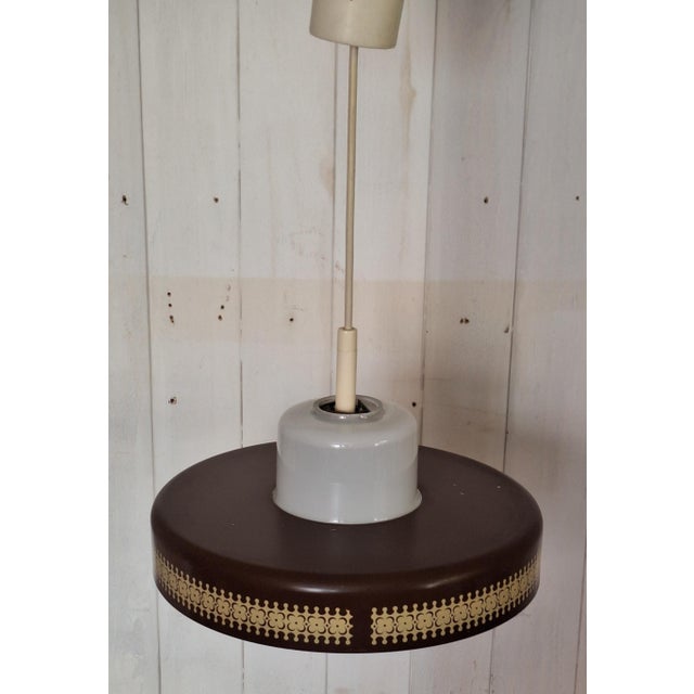 Vintage Hanging Lamp with Opaque White Inner Glass Shade and Brown Metal Trim, 1970s For Sale - Image 4 of 7