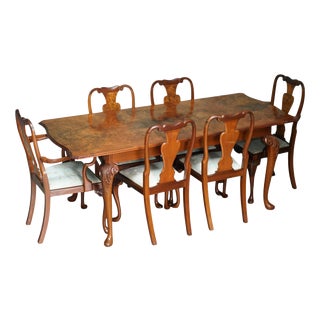 Vintage English Burr and Burl Walnut Extending Dining Table and Chairs, 1940s, Set of 7 For Sale