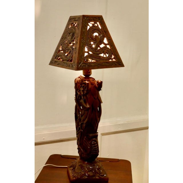 Oriental Folk Art Carved Teak Dragon Lamp, 1930s For Sale - Image 3 of 12
