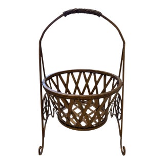 Vintage Metal Basket Weave Garden Planter Stand With Scrollwork and Aged Patina For Sale