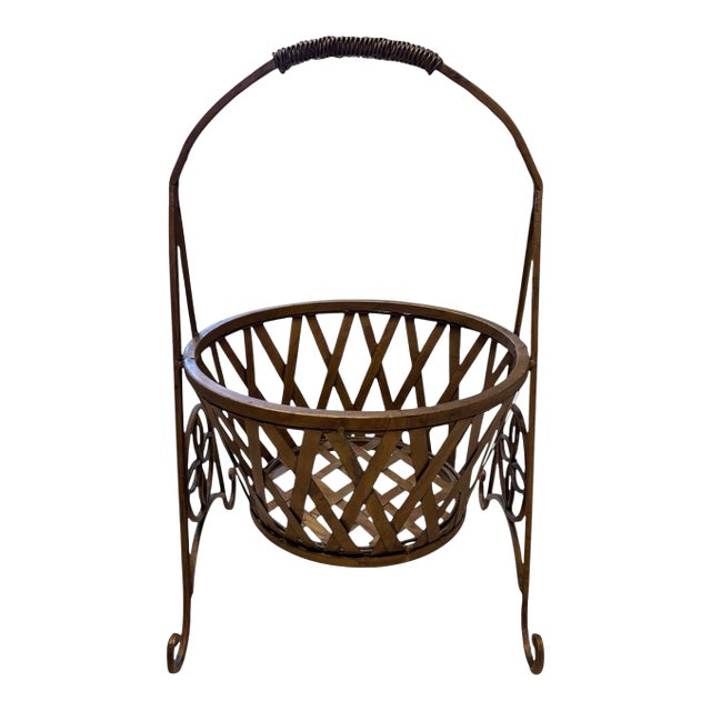 Vintage Metal Basket Weave Garden Planter Stand With Scrollwork and Aged Patina For Sale
