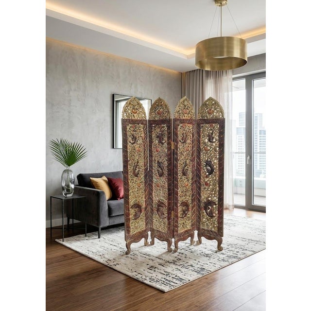 Large Oriental Polychrome Wooden Screen, 1930 For Sale - Image 3 of 8