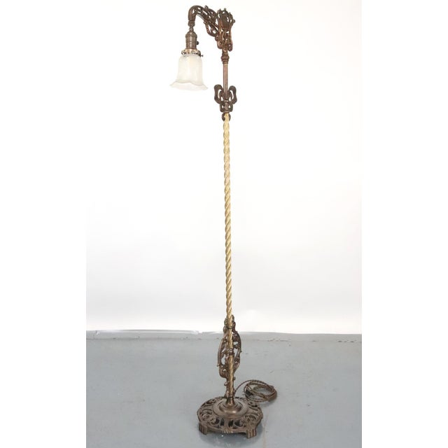 Art Nouveau Mid 20th Century Art Nouveau Cast Iron Bridge Ruffled Glass Shade Floor Lamp For Sale - Image 3 of 12