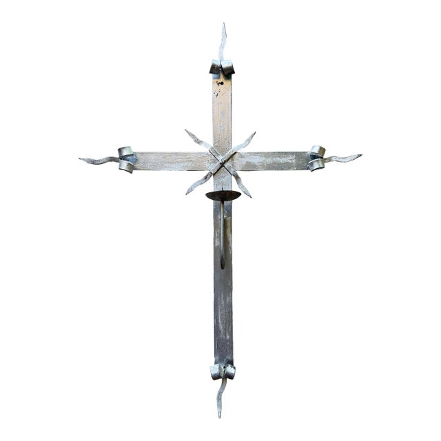 Vintage Hand-Forged Wrought Iron Mission Cross Candle Sconce Spanish Colonial Wall Art Jan Barboglio Attr. For Sale