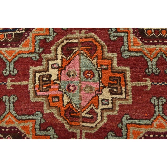Caucasian Runner 4'3'' X 10'5'' Red Wool Semi-Antique Tribal Hand-Knotted Rug For Sale - Image 10 of 14