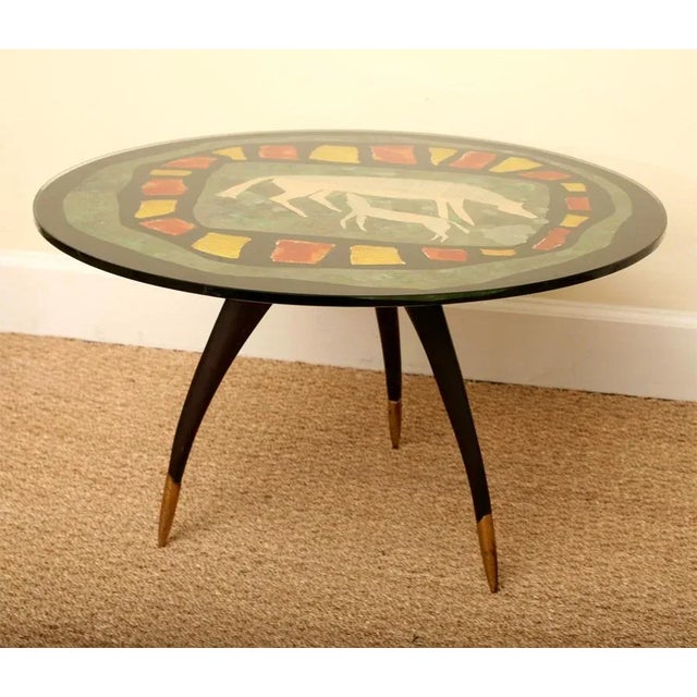 Italian Gio Ponti Attributed Reverse Painted Glass and Tripod Side Table Mid Century Modern For Sale In Miami - Image 6 of 6