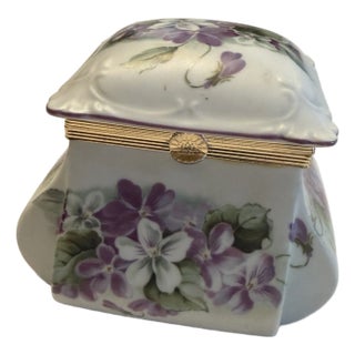 Hand-Painted Porcelain Trinket Box With Violets and Gilt Metal Hinge. For Sale