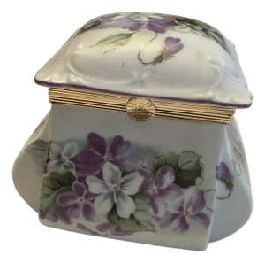 Late 19th Century Hand-Painted Porcelain Trinket Box With Violets and Gilt Metal Hinge.