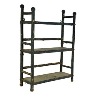 Vintage Faux Bamboo 3 Tier Wooden Hanging Shelf Unit in Deep Bright Blue For Sale