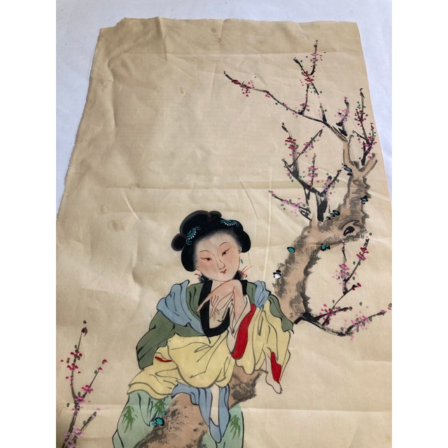 Beautiful silk panel painted with a geisha and cherry tree. Lovely hand painted detailing. It will need professional...