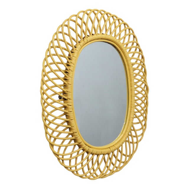 Albini Yellow Lacquer Wicker Mirror attributed to Franco Albini, 1960s For Sale