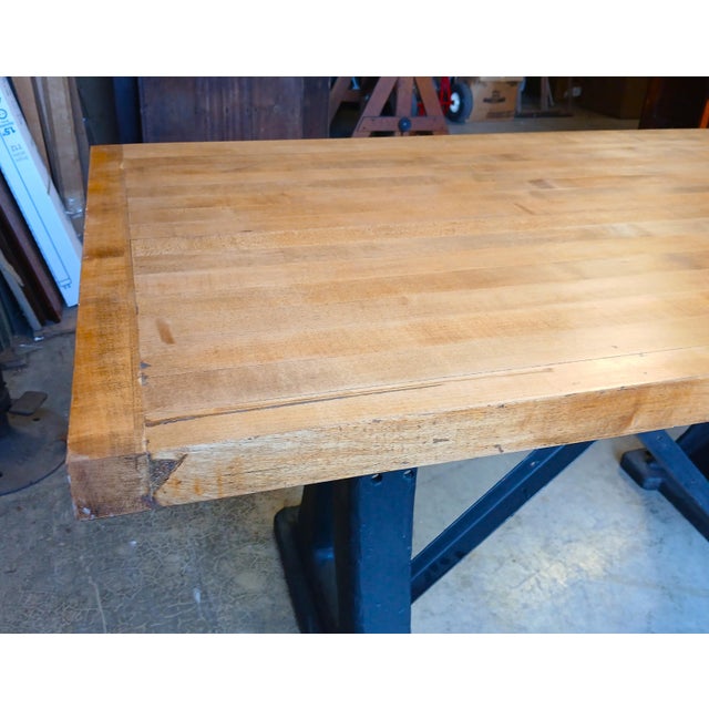 Wood Antique Kitchen Island Work Desk Table Maple Top W Iron Industrial Machine Base For Sale - Image 7 of 12
