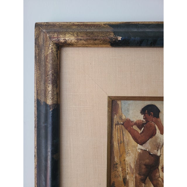 Paper Willem Van Den Berg Rare Vintage 1960's Oil Painting Stone Masons in a Quarry For Sale - Image 7 of 15