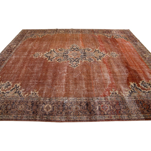 1900 - 1909 Persian Handmade Antique Tabriz Medallion Wool Rug With Copper Color Field For Sale - Image 5 of 7