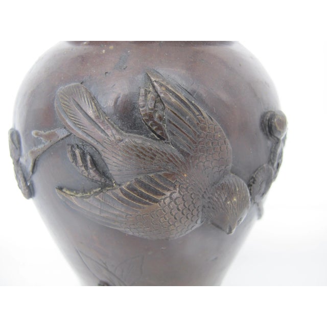 Vintage Chinese Asian Flower Bronze Vase W/Bird Blossom & Bamboo Design For Sale - Image 4 of 8