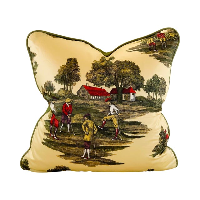 2020s Designer Ronald Redding York Textiles Brown Green Purple Red Yellow Country Club Golfing Toile Pillow Covers- 3 Pc Set For Sale - Image 5 of 6