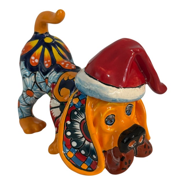 Talavera Mexican Pottery Dog Hound, Christmas Puppy, Hand Painted Dog Statue For Sale
