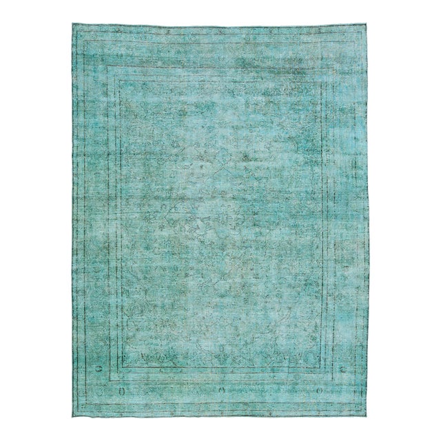 Allover Antique Overdyed Wool Rug Room Size in Green For Sale