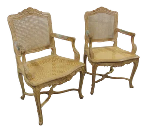 Louis XV Style Faux Painted Carved Caned Arm Chairs - a Pair