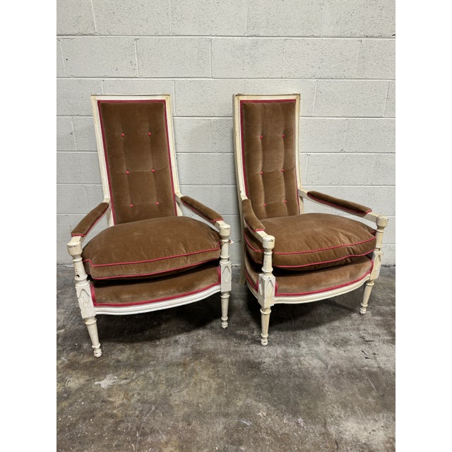 Great pair of milk, chocolate and hot pink velvet tufted high back Regency style chairs. Loose cushions. The Brown velvet...