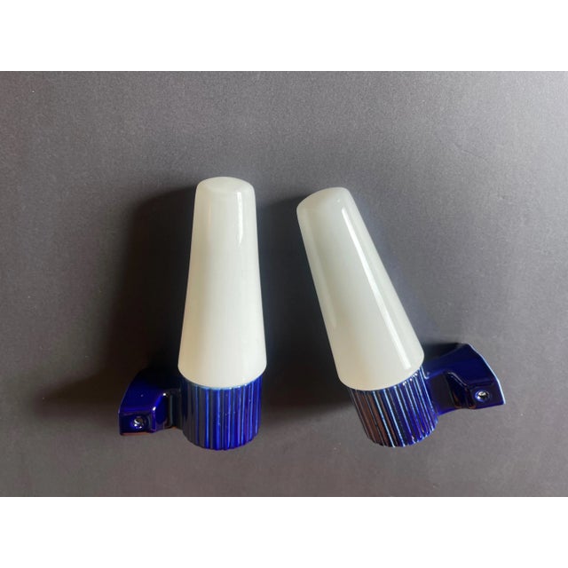 Blue Blue Ceramic and Opaline Glass Sconces by Sigvard Bernadotte for Ifö, 1960s, Set of 2 For Sale - Image 8 of 14