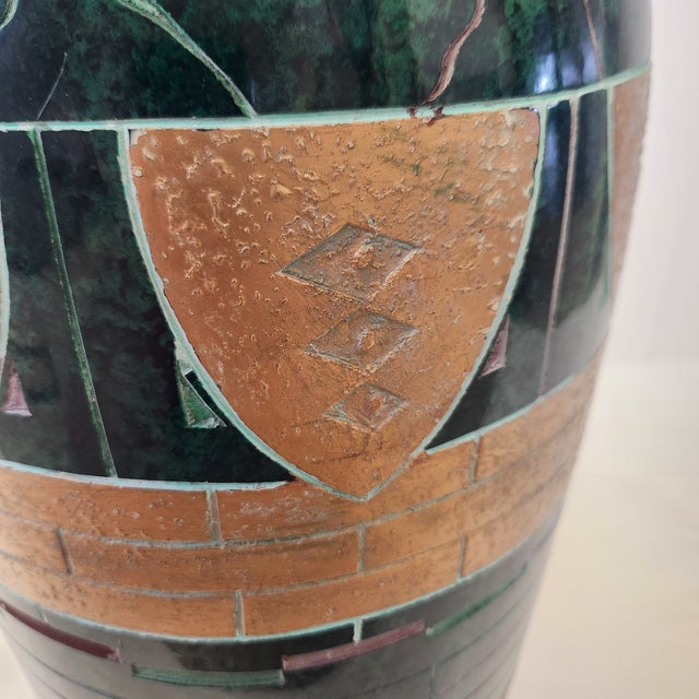 Metal Pair Large Postmodern Vintage Green and Gold Floor Vases For Sale - Image 7 of 13