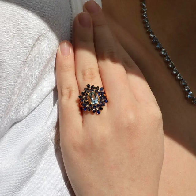 Nina Zhou Aquamarine Sapphire Diamond Blossom Cocktail Ring in 14k Yellow Gold, size 4.5 For Sale In Los Angeles - Image 6 of 7