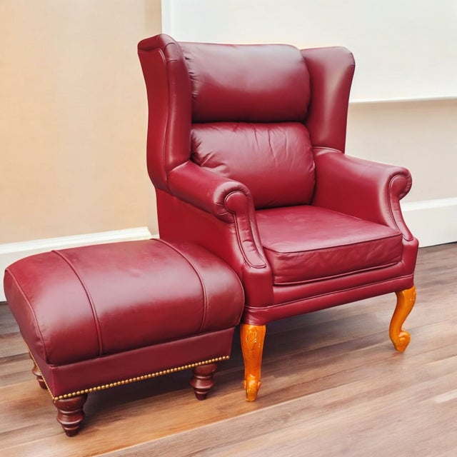 Animal Skin Classic Leather Wingback Chair and Ottoman Set For Sale - Image 7 of 7