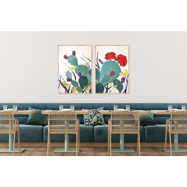 2020s Prickly Pear Cactus, Illustration Style Diptych, Desert Landscape, Large Diptych, Original Painting on Watercolor Paper by Romina Milano For Sale - Image 5 of 10