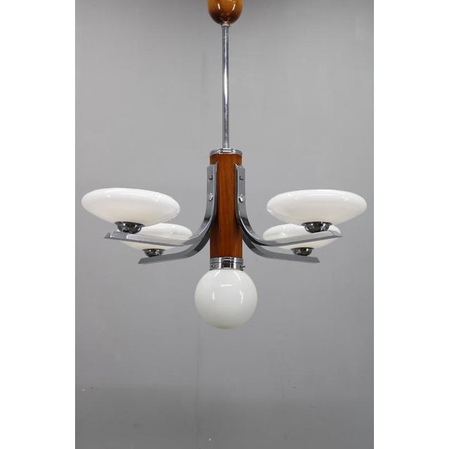 Art Deco Chrome and Walnut Chandelier with Milky Glass Shades, Former Czechoslovakia, 1930s For Sale - Image 3 of 15