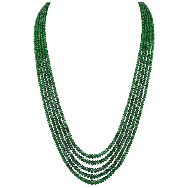 300ct Fine Emerald Beads 5 Line Necklace with 14 kt Yellow Gold Clasp Adjustable For Sale - Image 15 of 18
