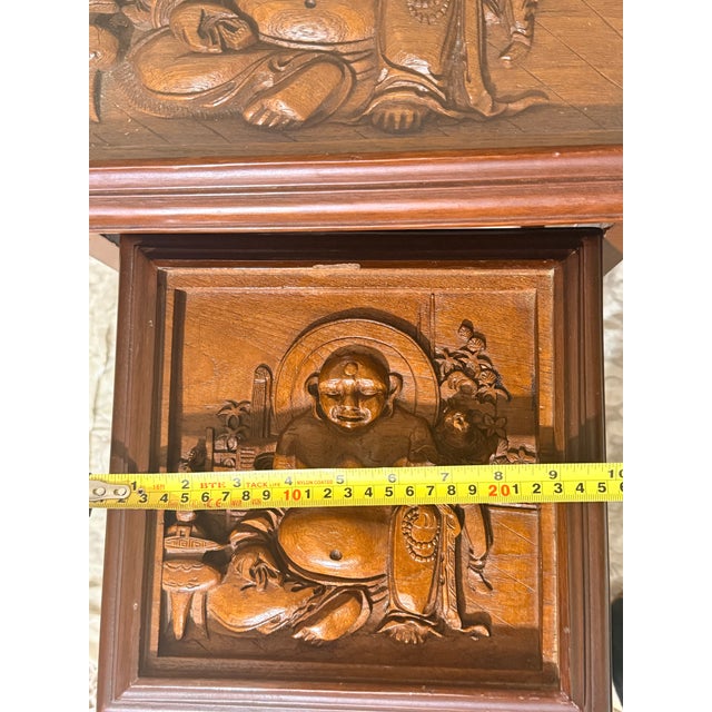 1950s George Zee & Co. Carved Wood Nesting Tables Set With Glass Tops Buddha For Sale - Image 9 of 12