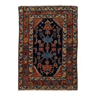 Antique Persian Hamadan Handmade Geometric Designed Wool Rug in Navy Blue For Sale