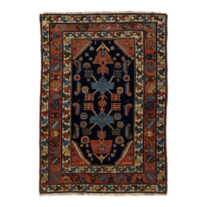 Antique Persian Hamadan Handmade Geometric Designed Wool Rug in Navy Blue
