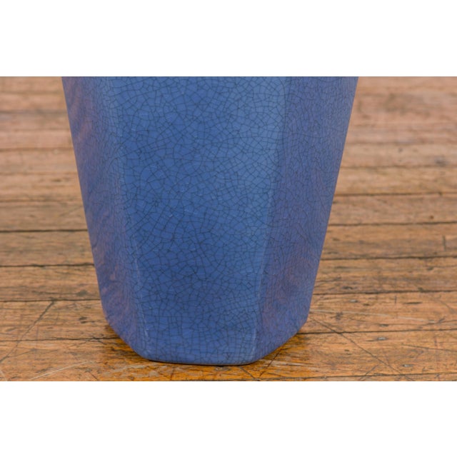 Blue Tall Blue Glaze Lidded Hexagonal Vase with Crackle Finish, Vintage For Sale - Image 8 of 12