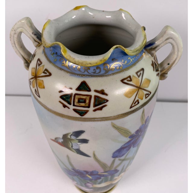 Antique Japanese Hand-Painted Porcelain Vase With Birds & Iris Flowers, Jeweled Gilt Decoration For Sale - Image 4 of 14