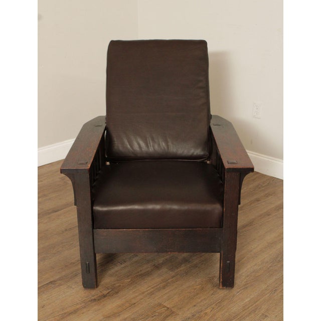 Brown L & JG Stickley Antique Mission Oak and Leather Morris Chair For Sale - Image 8 of 18