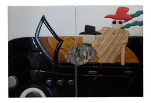 Postmodern Memphis Style "A Country Drive" Contemporary 3d Leather Art by Tim O. Walker, Hamptons Chic.